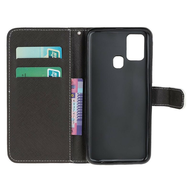 Flip Case voor Samsung Galaxy M31 Met Ketting Strappy Zwarte Kattenogen