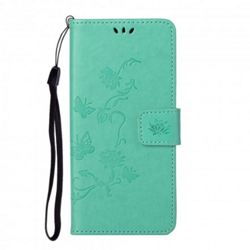 Leren Hoesje voor Motorola Edge 20 Met Ketting Vlinders En Bloemen Riem