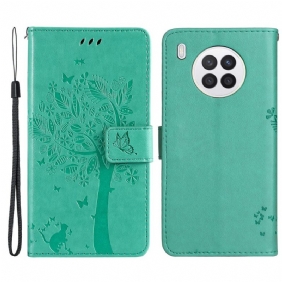 Folio-hoesje voor Huawei Nova 8i Met Ketting Boom En Strappy Cat