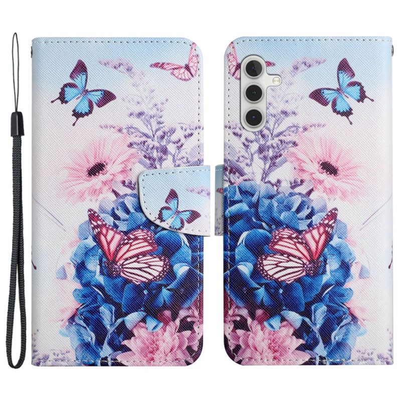 Flip Case Leren Samsung Galaxy A15 5g Paarse Vlinders En Sleutelkoord