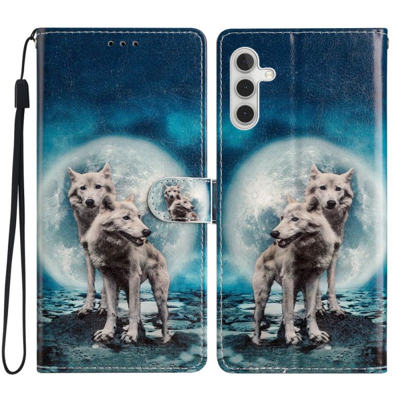 Flip Case Leren Samsung Galaxy A15 5g Twee Wolven Met Riemen