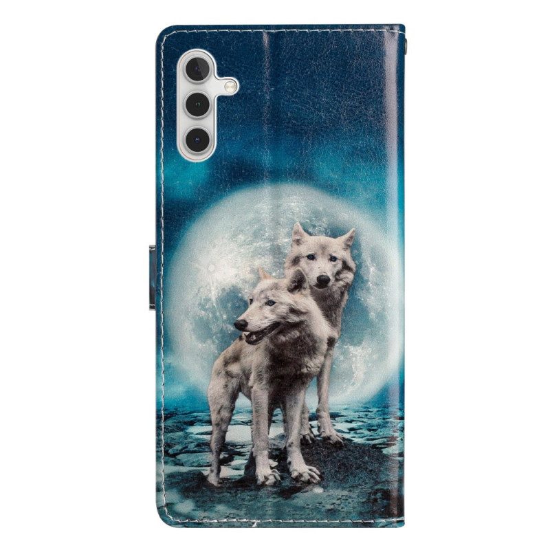 Flip Case Leren Samsung Galaxy A15 5g Twee Wolven Met Riemen