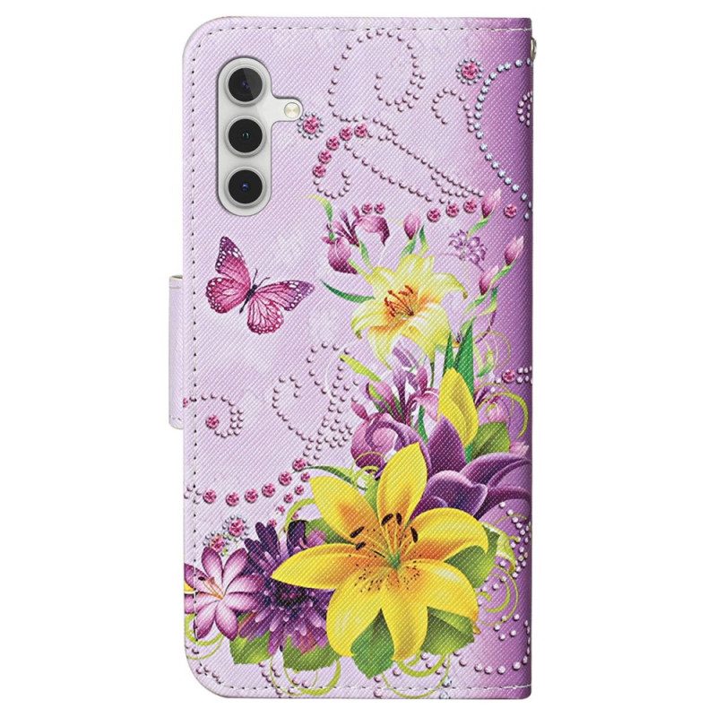 Leren Hoesje Samsung Galaxy A15 5g Gele Bloemen En Vlinders Met Riempje Bescherming Hoesje