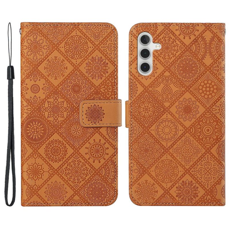 Leren Hoesje Samsung Galaxy A15 5g Patchwork Mandala's Met Riempje Bescherming Hoesje