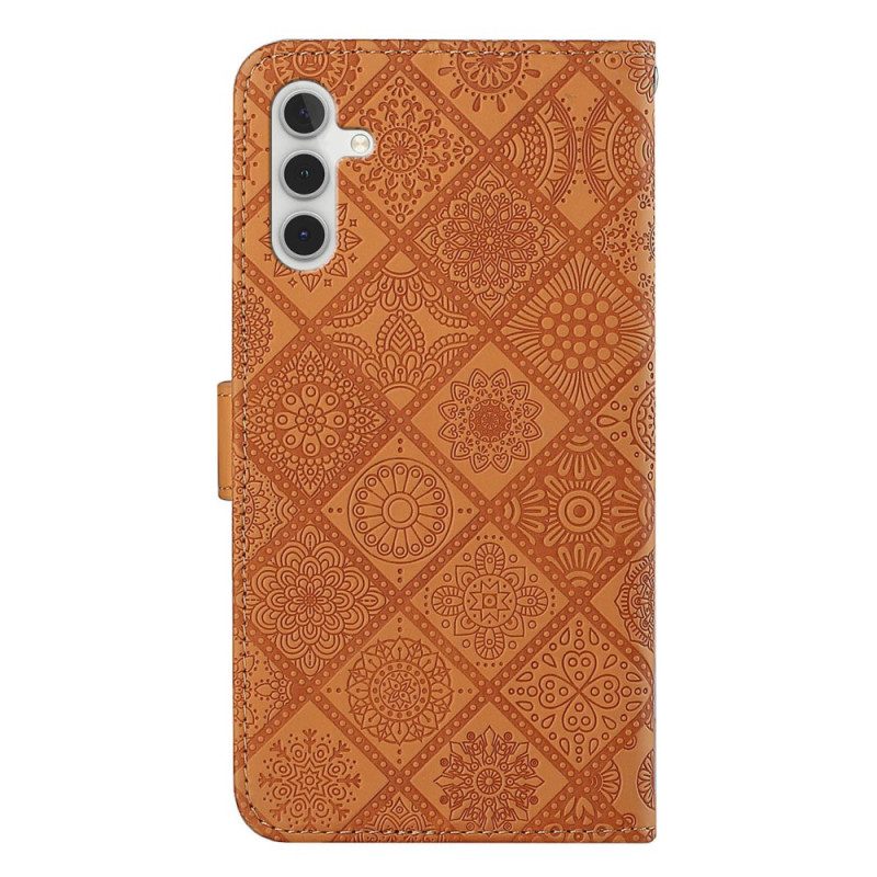 Leren Hoesje Samsung Galaxy A15 5g Patchwork Mandala's Met Riempje Bescherming Hoesje