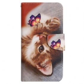 Leren Hoesje Samsung Galaxy A15 5g Vlinder- En Kattenprint Met Riempje