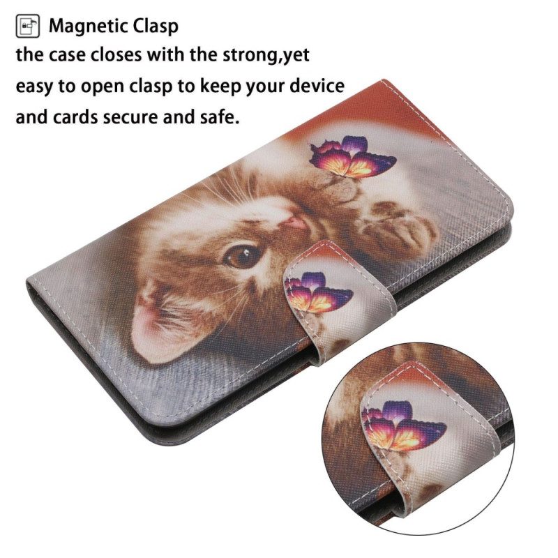 Leren Hoesje Samsung Galaxy A15 5g Vlinder- En Kattenprint Met Riempje