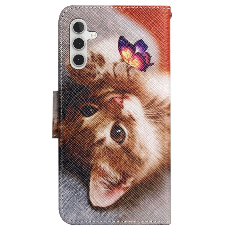 Leren Hoesje Samsung Galaxy A15 5g Vlinder- En Kattenprint Met Riempje