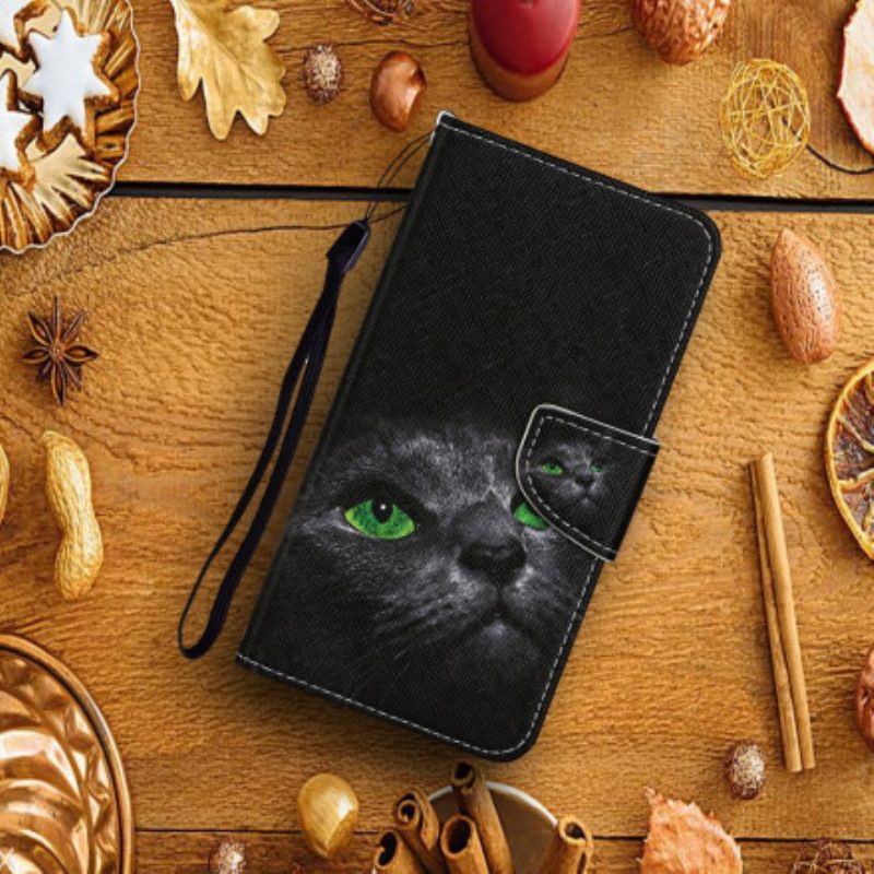 Folio-hoesje voor Xiaomi Redmi Note 9 Pro 5G Kat Met Groene Ogen En Koord