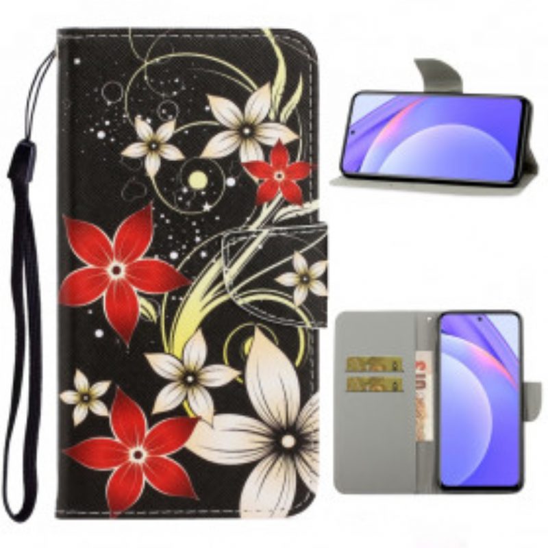 Folio-hoesje voor Xiaomi Redmi Note 9 Pro 5G Met Ketting Kleurrijke Strappy Bloemen