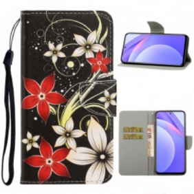 Folio-hoesje voor Xiaomi Redmi Note 9 Pro 5G Met Ketting Kleurrijke Strappy Bloemen