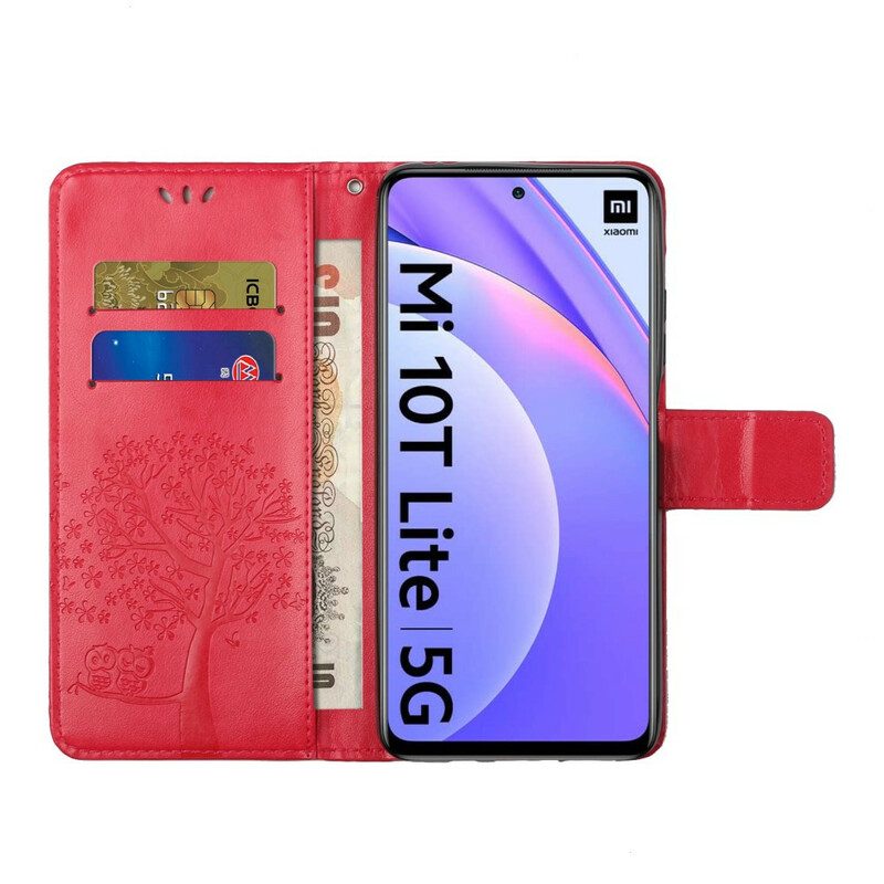 Folio-hoesje voor Xiaomi Redmi Note 9 Pro 5G Met Ketting String Boom En Uilen