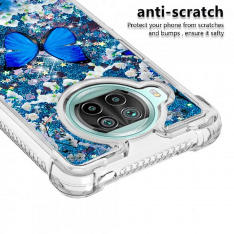 Hoesje voor Xiaomi Redmi Note 9 Pro 5G Glitter Blauwe Vlinders