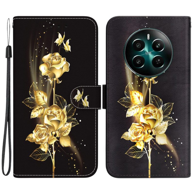 Flip Case Leren Realme 12 Plus 5g Gouden Vlinder En Rozen Met Riempje