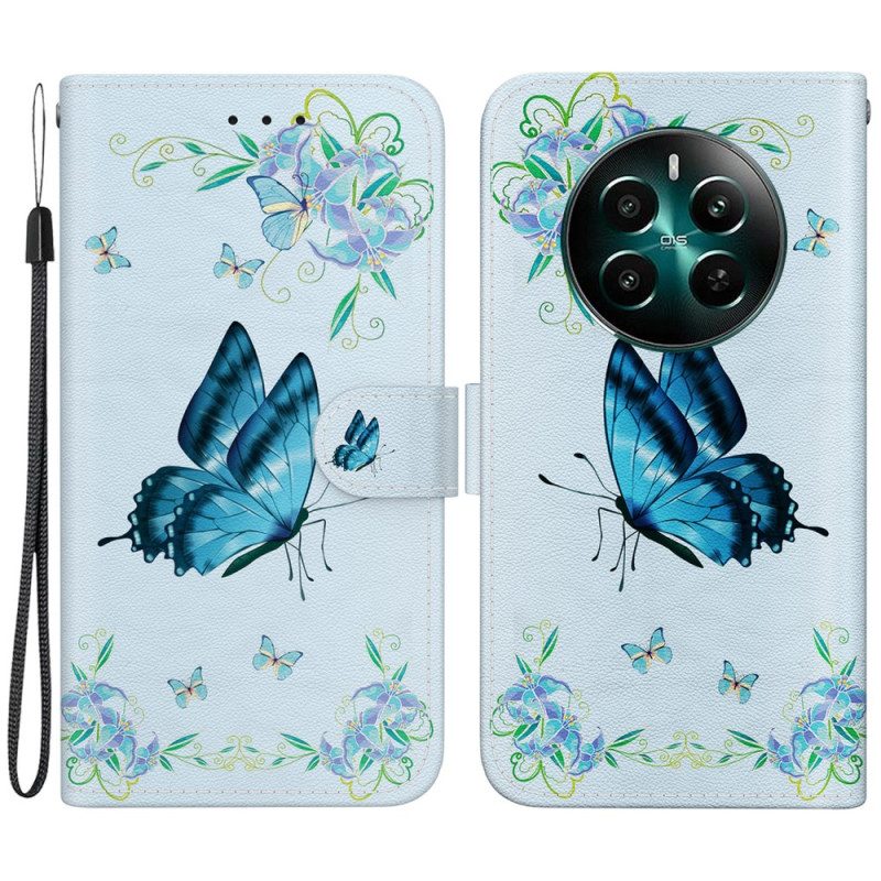 Leren Hoesje Realme 12 Plus 5g Blauwe Vlinder En Bloemen Met Riempje