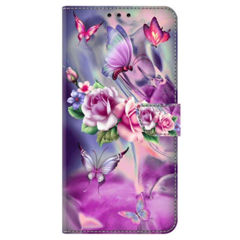 Flip Case Leren Honor X9b / Magic 6 Lite Vlinders En Paarse Bloemen