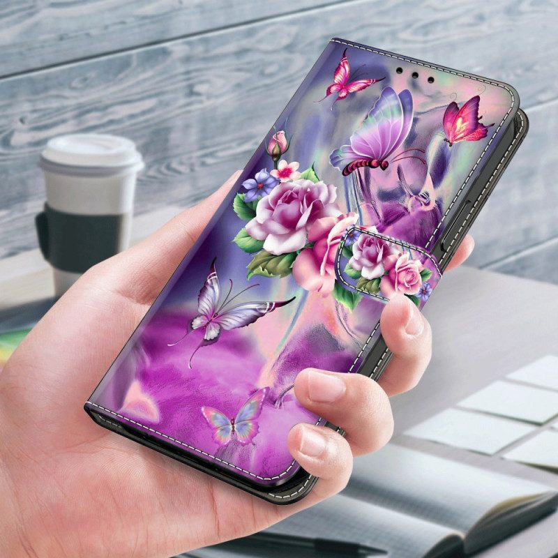 Flip Case Leren Honor X9b / Magic 6 Lite Vlinders En Paarse Bloemen