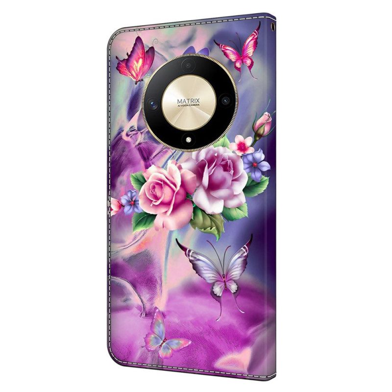 Flip Case Leren Honor X9b / Magic 6 Lite Vlinders En Paarse Bloemen