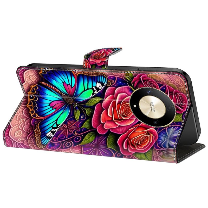 Leren Hoesje Honor X9b / Magic 6 Lite Flitsende Bloemen En Vlinders