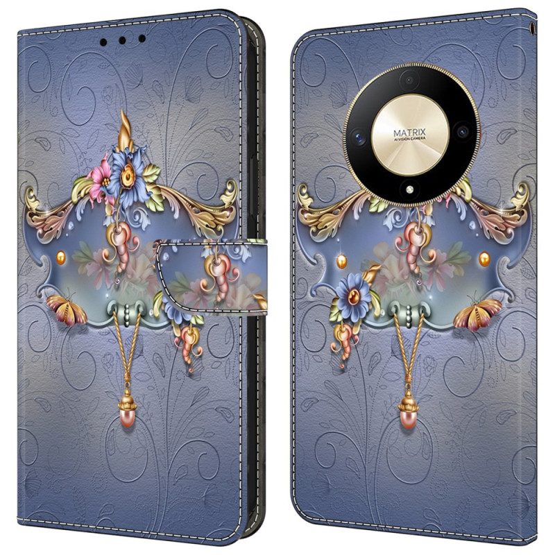 Leren Hoesje Honor X9b / Magic 6 Lite Gesneden Bloem Bescherming Hoesje