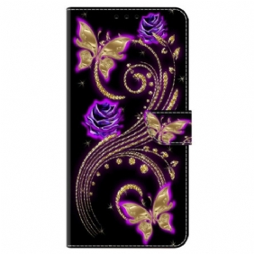 Leren Hoesje Honor X9b / Magic 6 Lite Paarse Bloemen En Vlinders