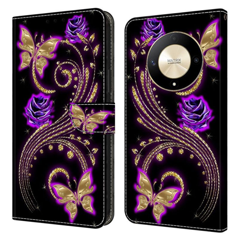 Leren Hoesje Honor X9b / Magic 6 Lite Paarse Bloemen En Vlinders