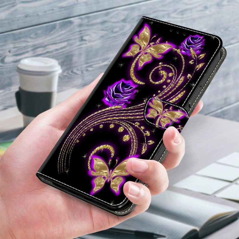 Leren Hoesje Honor X9b / Magic 6 Lite Paarse Bloemen En Vlinders