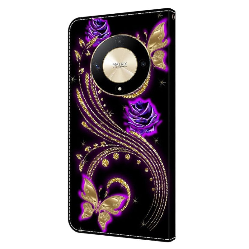 Leren Hoesje Honor X9b / Magic 6 Lite Paarse Bloemen En Vlinders