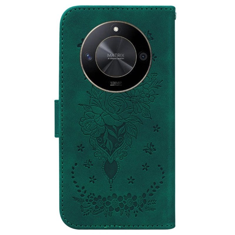 Leren Hoesje Honor X9b / Magic 6 Lite Roos En Vlinders Met Riem Bescherming Hoesje