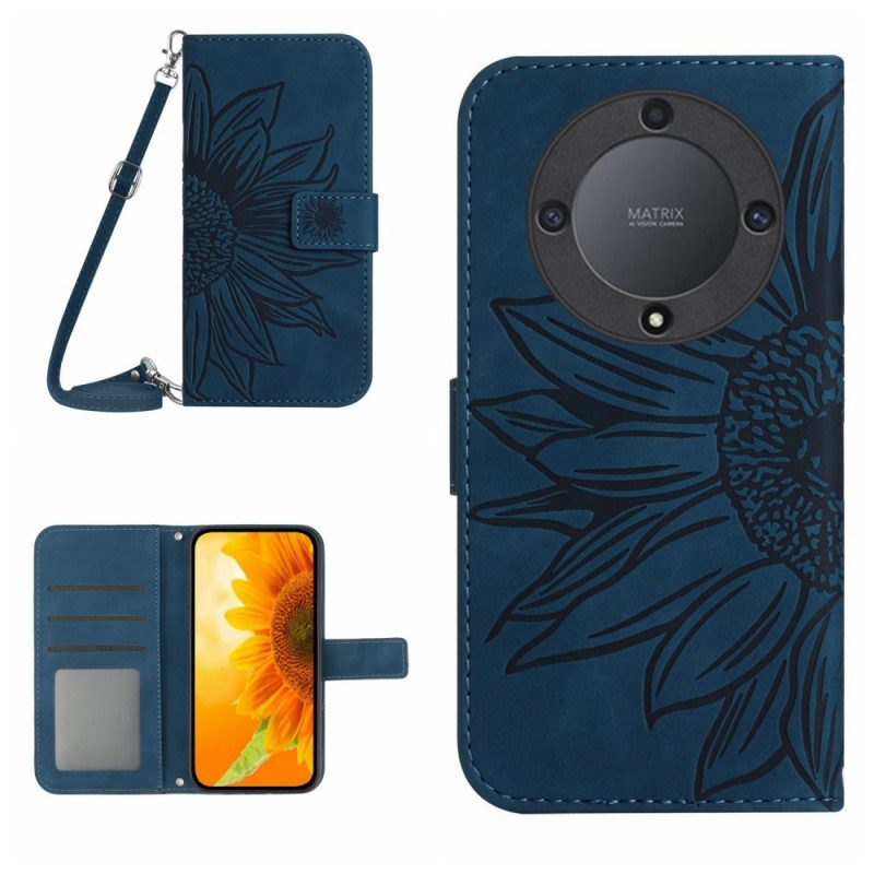 Leren Hoesje Honor X9b / Magic 6 Lite Zonnebloemprint Met Schouderband