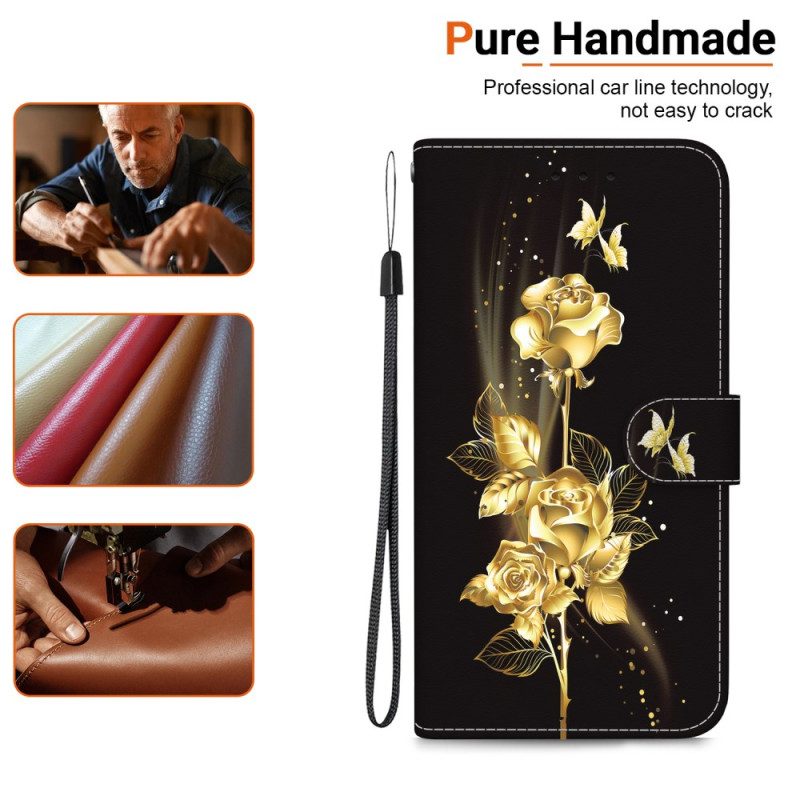 Leren Hoesje Voor Honor X9b / Magic 6 Lite Gouden Vlinders En Rozen