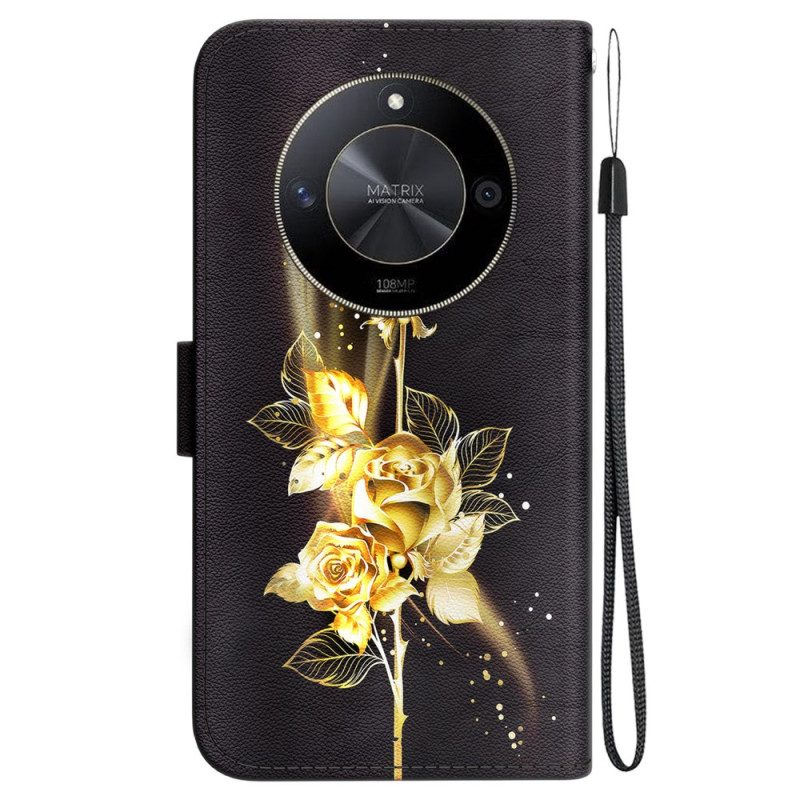 Leren Hoesje Voor Honor X9b / Magic 6 Lite Gouden Vlinders En Rozen