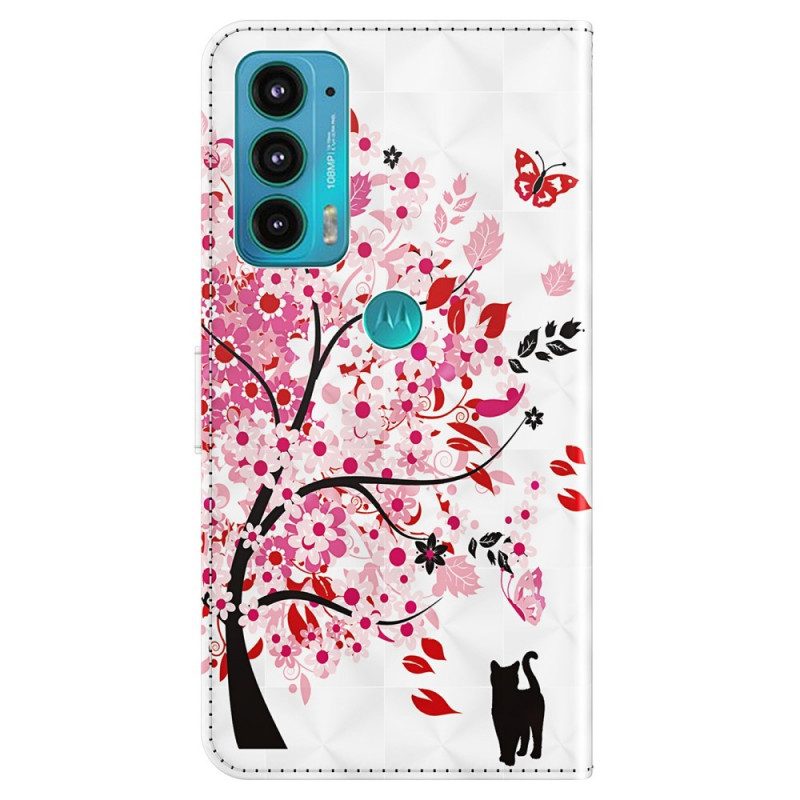 Leren Hoesje voor Moto E40 / E30 / E20 Roze Boom En Zwarte Kat