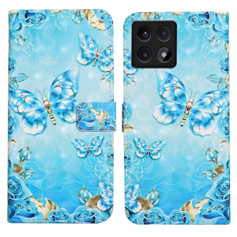 Folio-hoesje Xiaomi 14t Telefoonhoesje Blauwe Vlinders En Diamanten