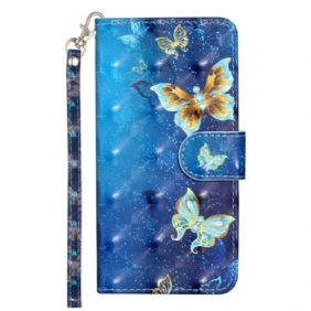 Leren Hoesje Voor Xiaomi 14t Blauwe En Gouden Vlinders Met Riem