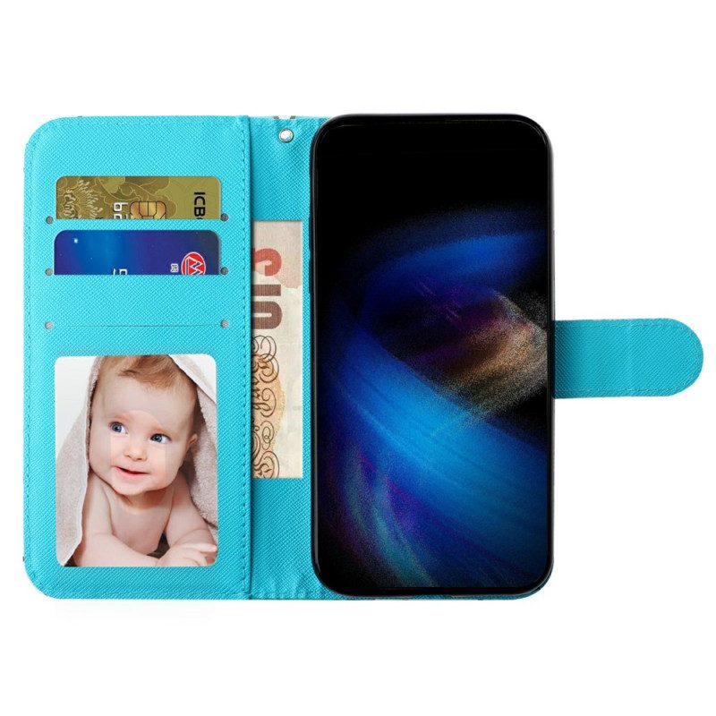 Leren Hoesje Voor Xiaomi 14t Blauwe En Gouden Vlinders Met Riem