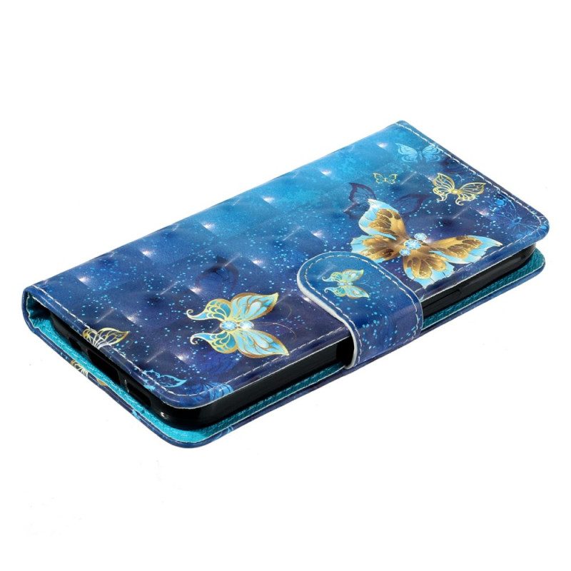 Leren Hoesje Voor Xiaomi 14t Blauwe En Gouden Vlinders Met Riem