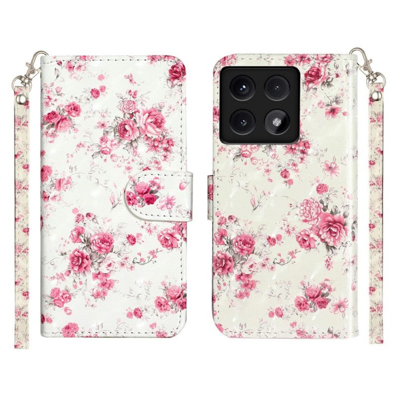 Leren Hoesje Voor Xiaomi 14t Roze Bloemen Met Riem