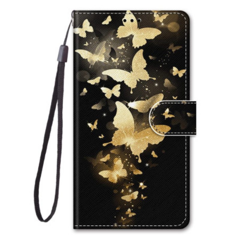 Flip Case voor Xiaomi Redmi 10A Met Ketting Gouden Vlinders Met Riem