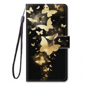 Flip Case voor Xiaomi Redmi 10A Met Ketting Gouden Vlinders Met Riem