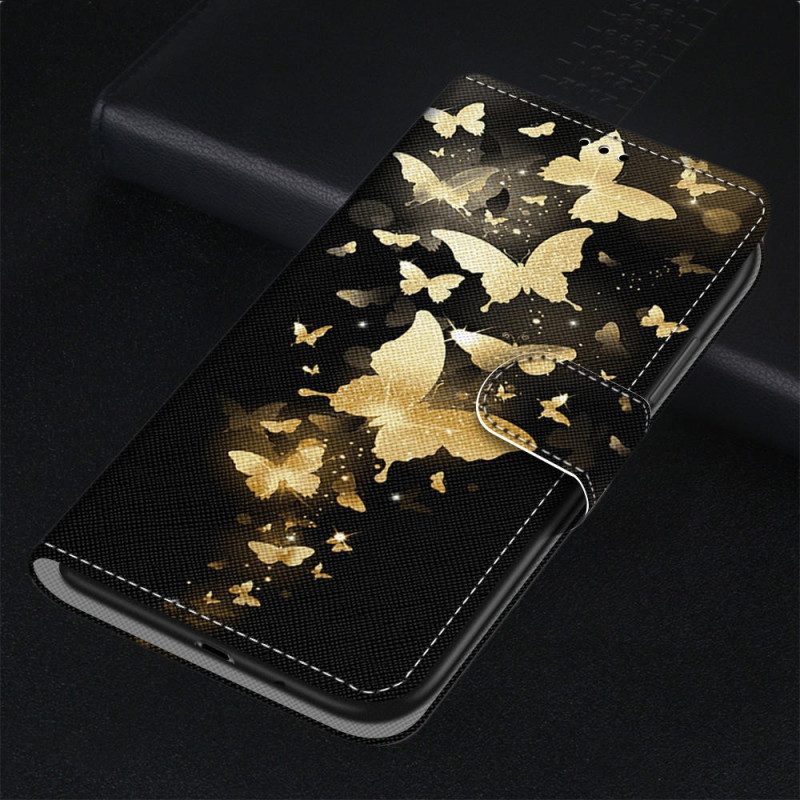 Flip Case voor Xiaomi Redmi 10A Met Ketting Gouden Vlinders Met Riem