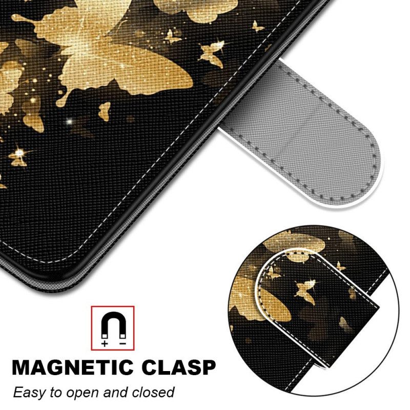 Flip Case voor Xiaomi Redmi 10A Met Ketting Gouden Vlinders Met Riem