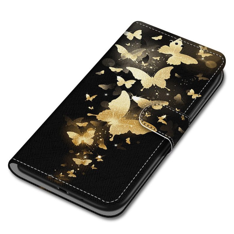 Flip Case voor Xiaomi Redmi 10A Met Ketting Gouden Vlinders Met Riem