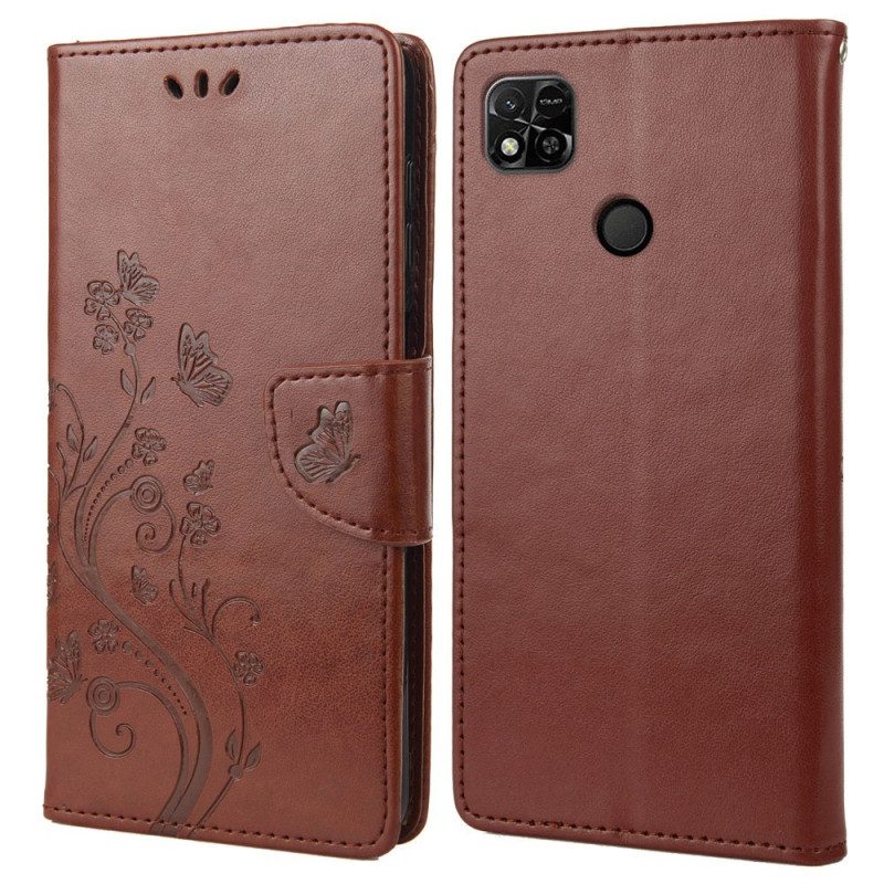 Flip Case voor Xiaomi Redmi 10A Met Ketting Vlinders En Bloemen Riem