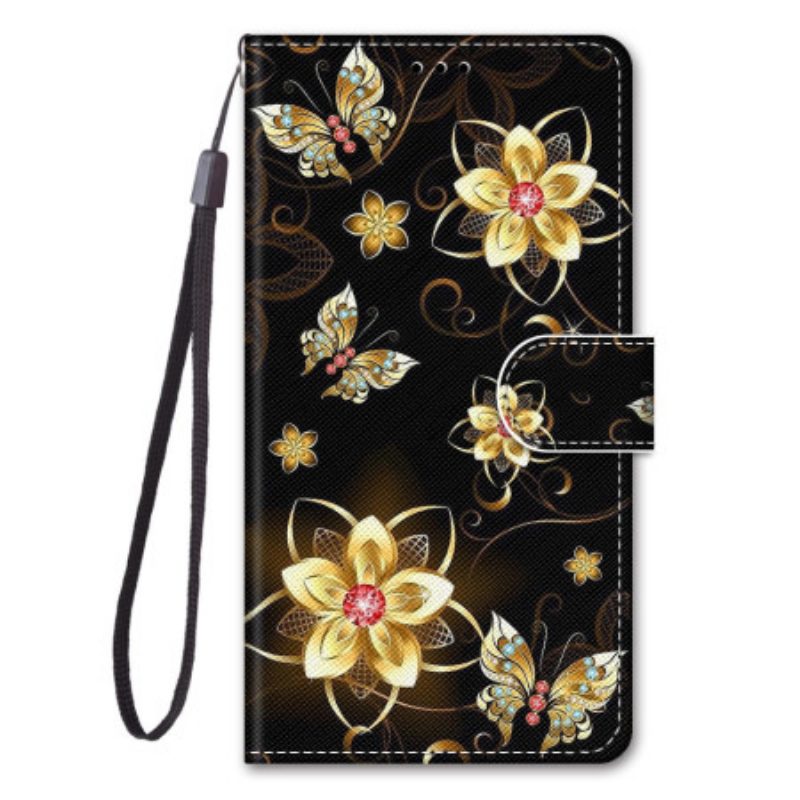 Folio-hoesje voor Xiaomi Redmi 10A Met Ketting Gouden Band Bloemen