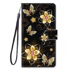 Folio-hoesje voor Xiaomi Redmi 10A Met Ketting Gouden Band Bloemen