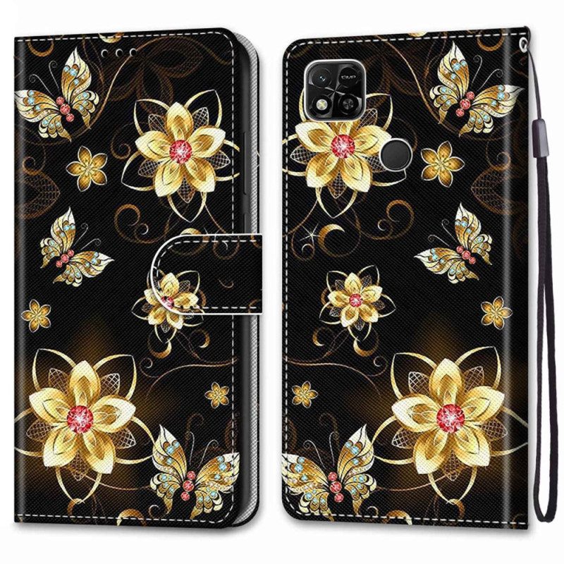 Folio-hoesje voor Xiaomi Redmi 10A Met Ketting Gouden Band Bloemen