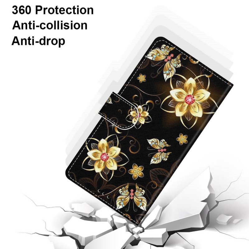 Folio-hoesje voor Xiaomi Redmi 10A Met Ketting Gouden Band Bloemen