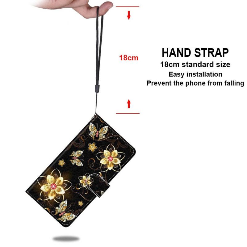 Folio-hoesje voor Xiaomi Redmi 10A Met Ketting Gouden Band Bloemen