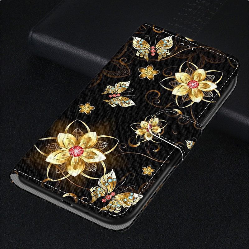 Folio-hoesje voor Xiaomi Redmi 10A Met Ketting Gouden Band Bloemen